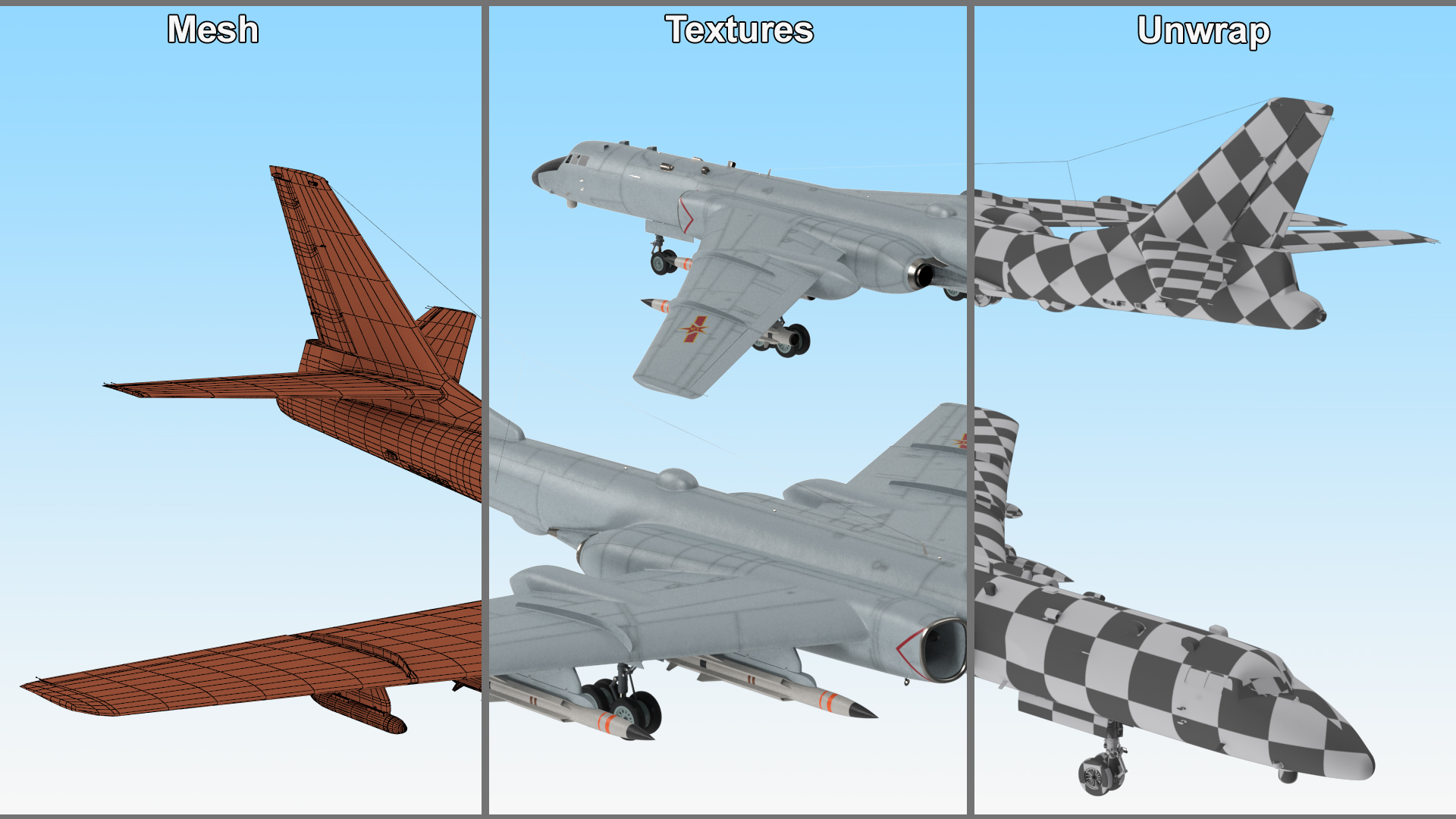 3D model Xian H-6 China Strategic Bomber with Weapon Maritime Strike Rigged for Cinema 4D