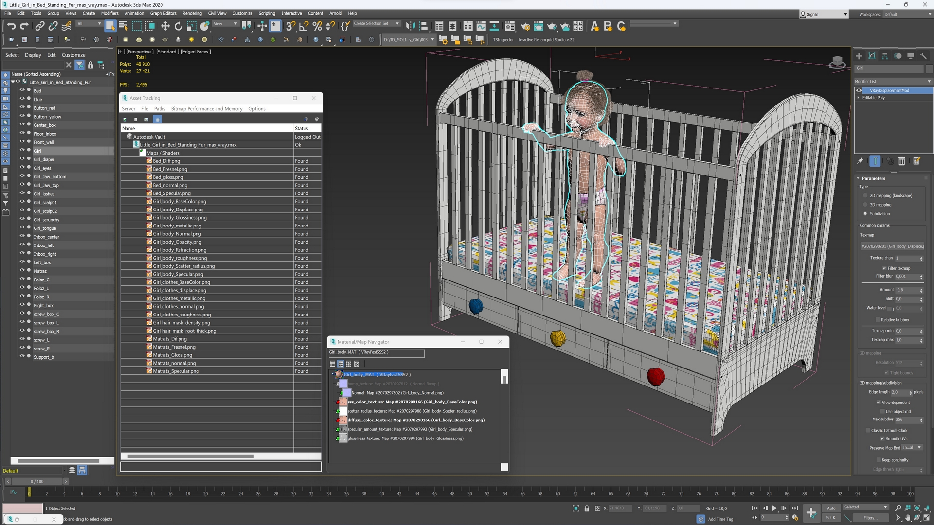 3D Little Girl in Bed Standing Fur