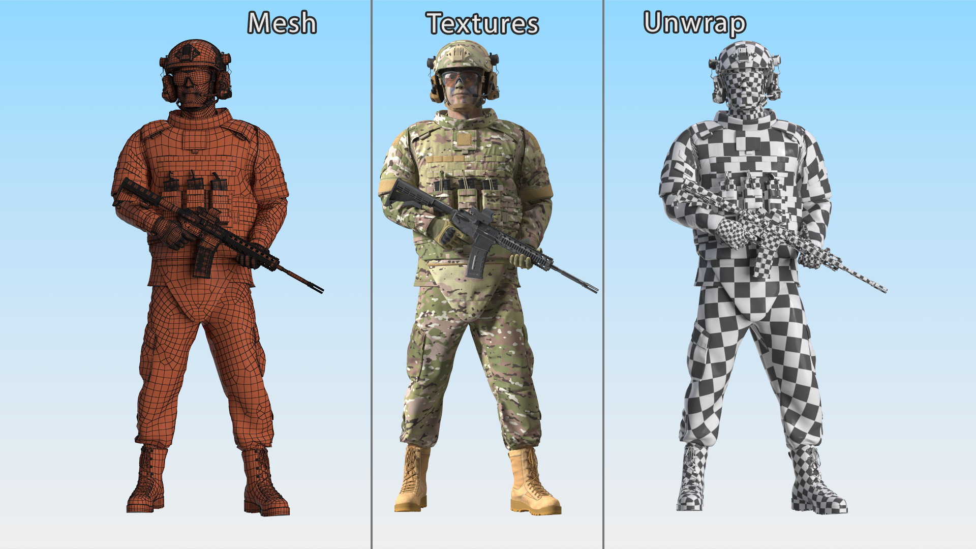 3D model Soldier in Green Tactical Gear with Rifle Standing