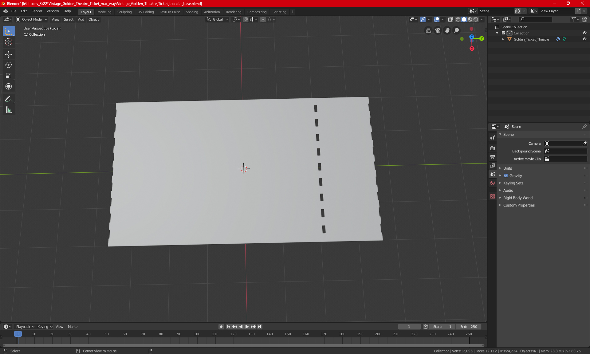Vintage Golden Theatre Ticket 3D model