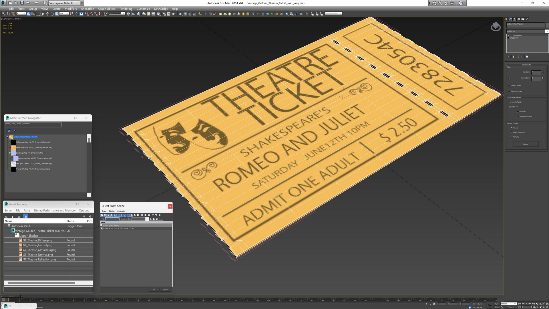 Vintage Golden Theatre Ticket 3D model