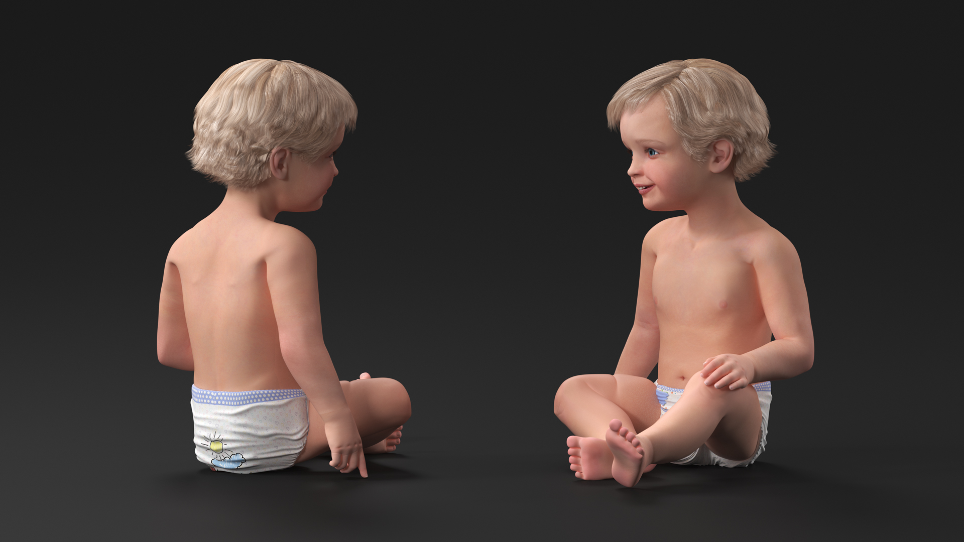 3D Boy Aged 1 Year in Diaper Sitting Pose model