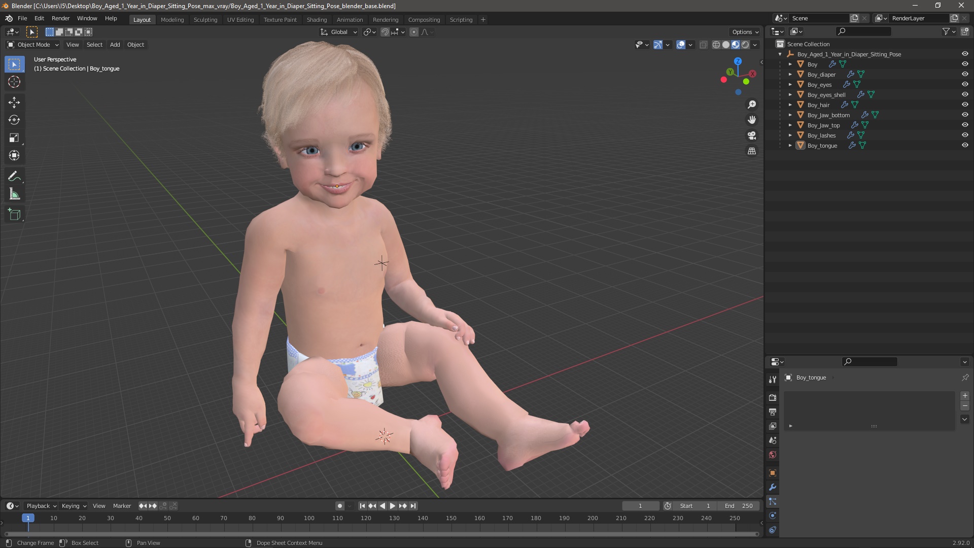 3D Boy Aged 1 Year in Diaper Sitting Pose model