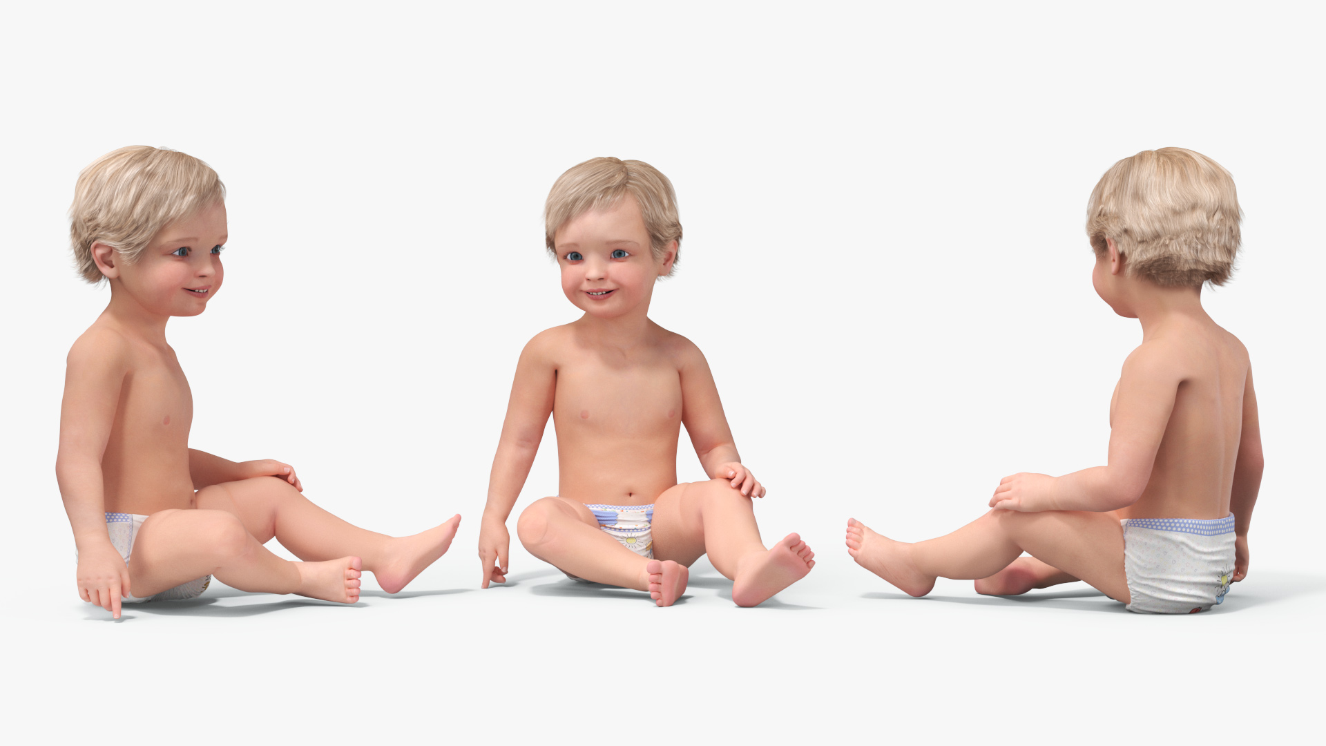 3D Boy Aged 1 Year in Diaper Sitting Pose model