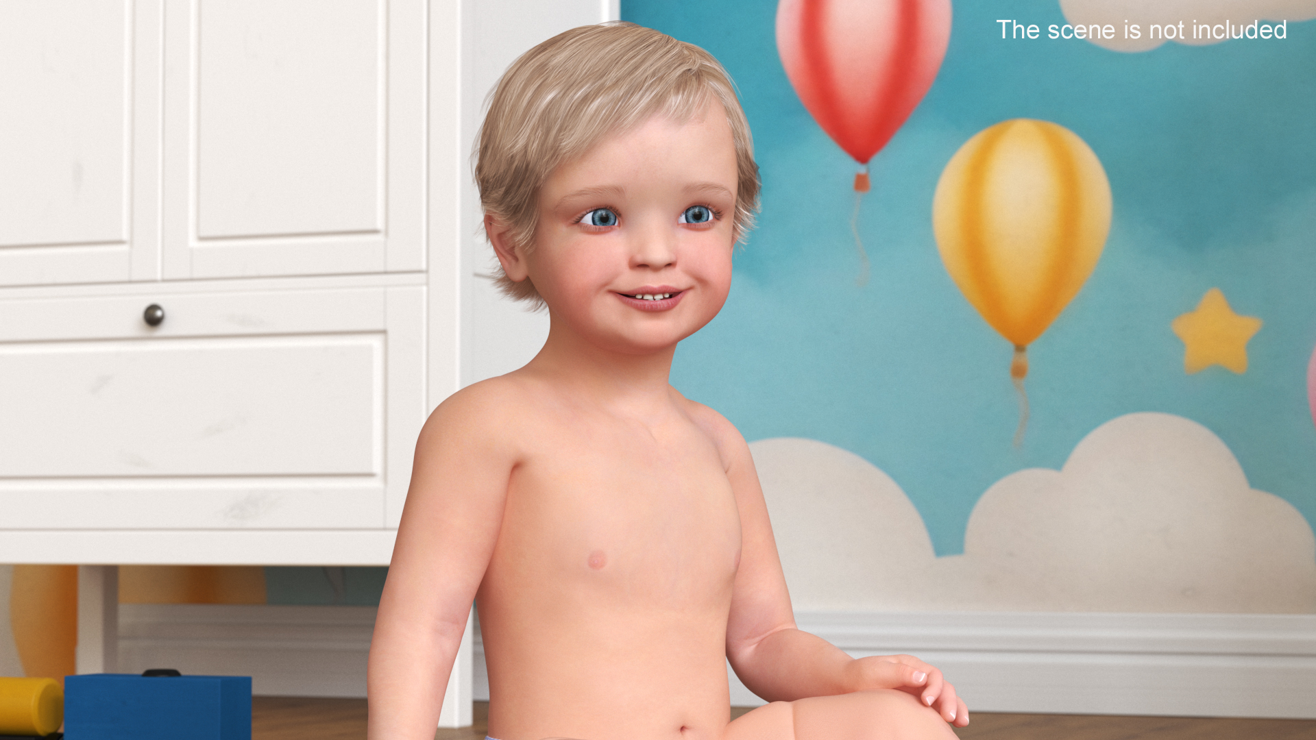 3D Boy Aged 1 Year in Diaper Sitting Pose model