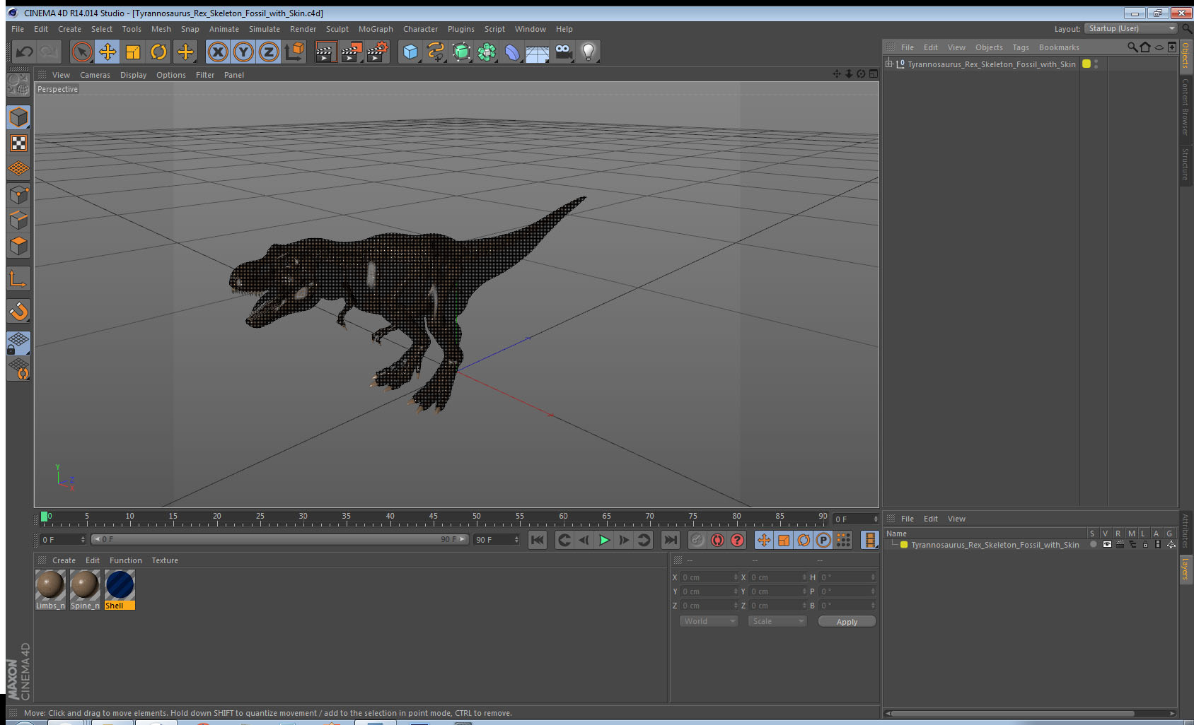 3D Tyrannosaurus Rex Skeleton Fossil with Skin model
