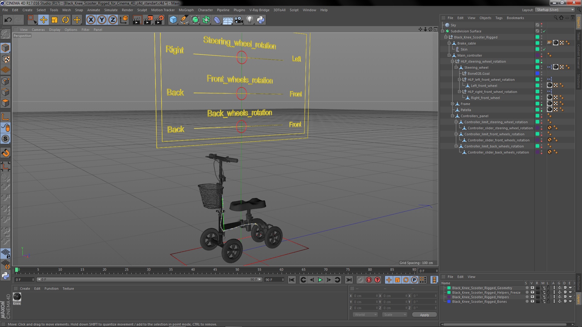 Black Knee Scooter Rigged for Cinema 4D 3D model