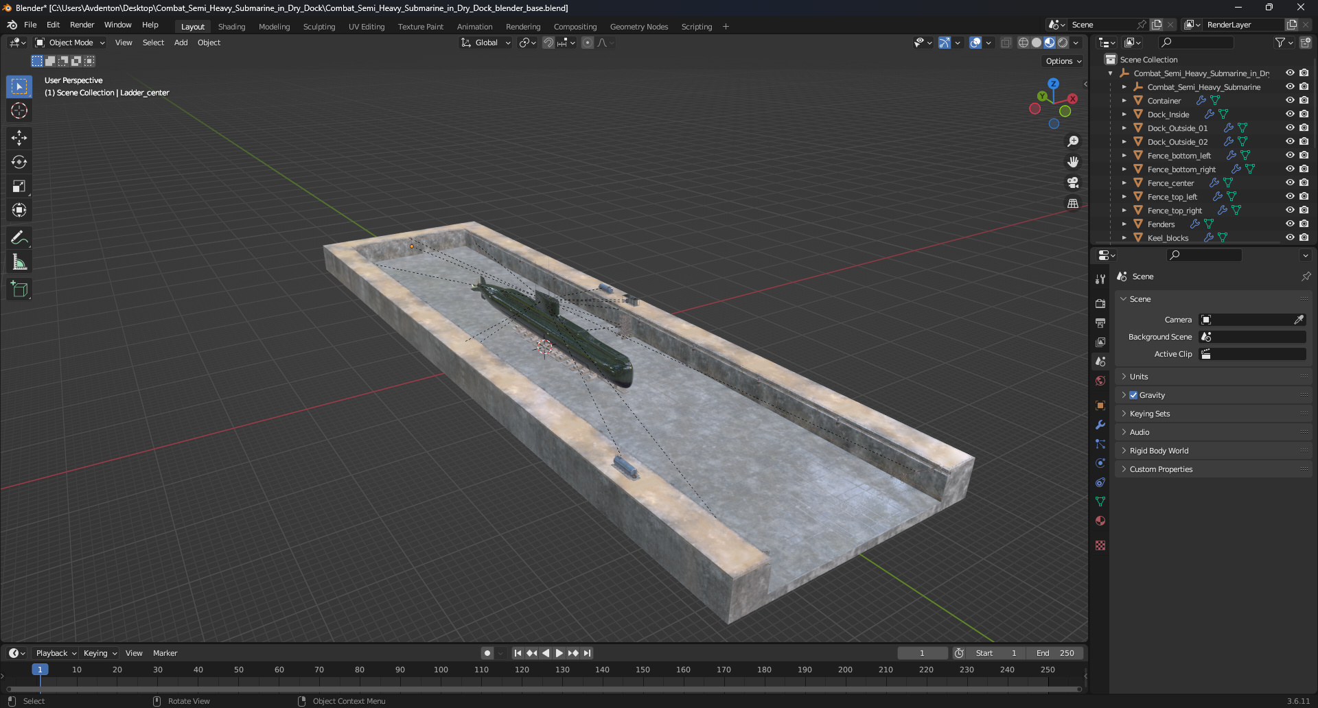 Combat Semi Heavy Submarine in Dry Dock 3D model