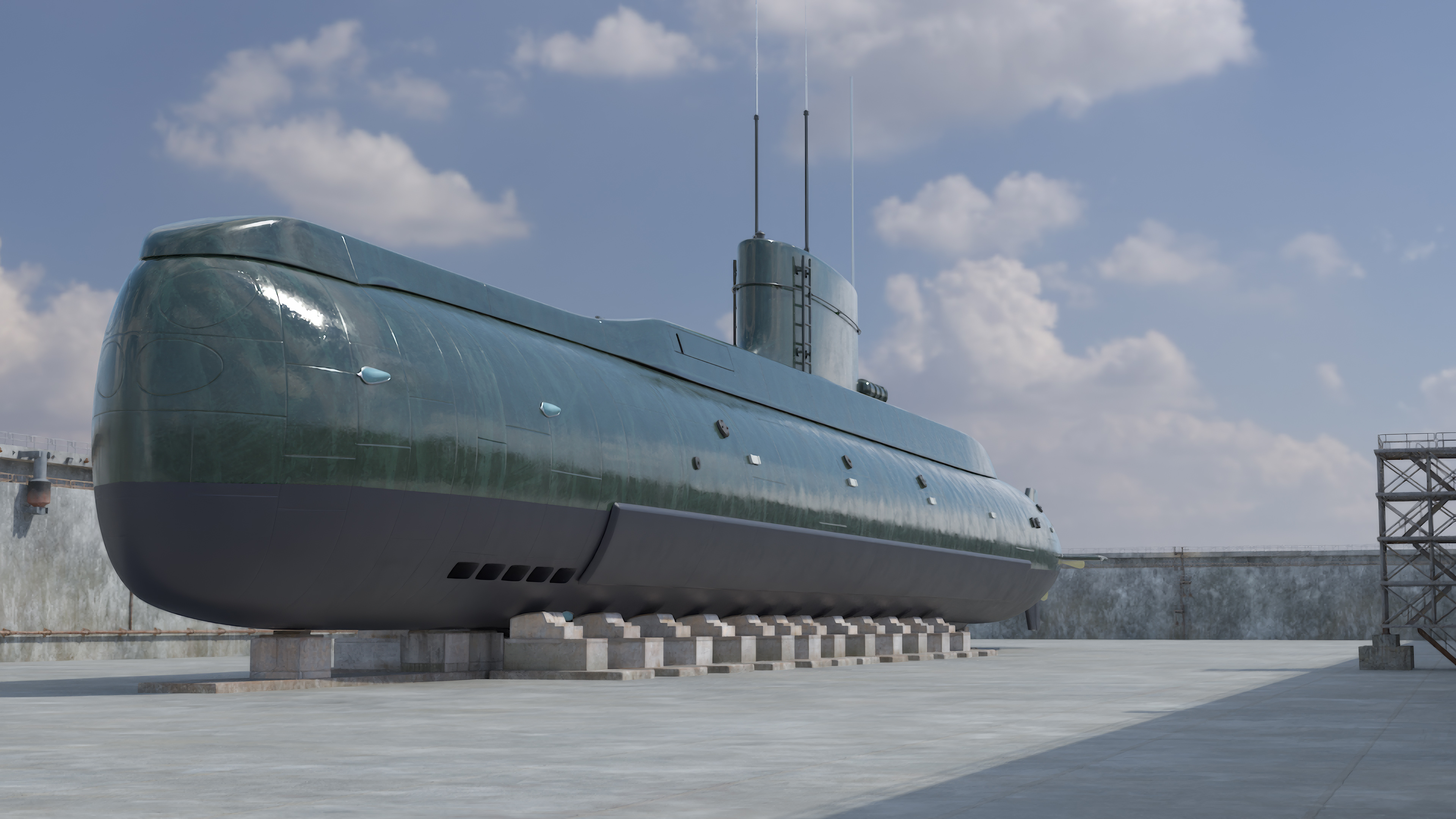 Combat Semi Heavy Submarine in Dry Dock 3D model