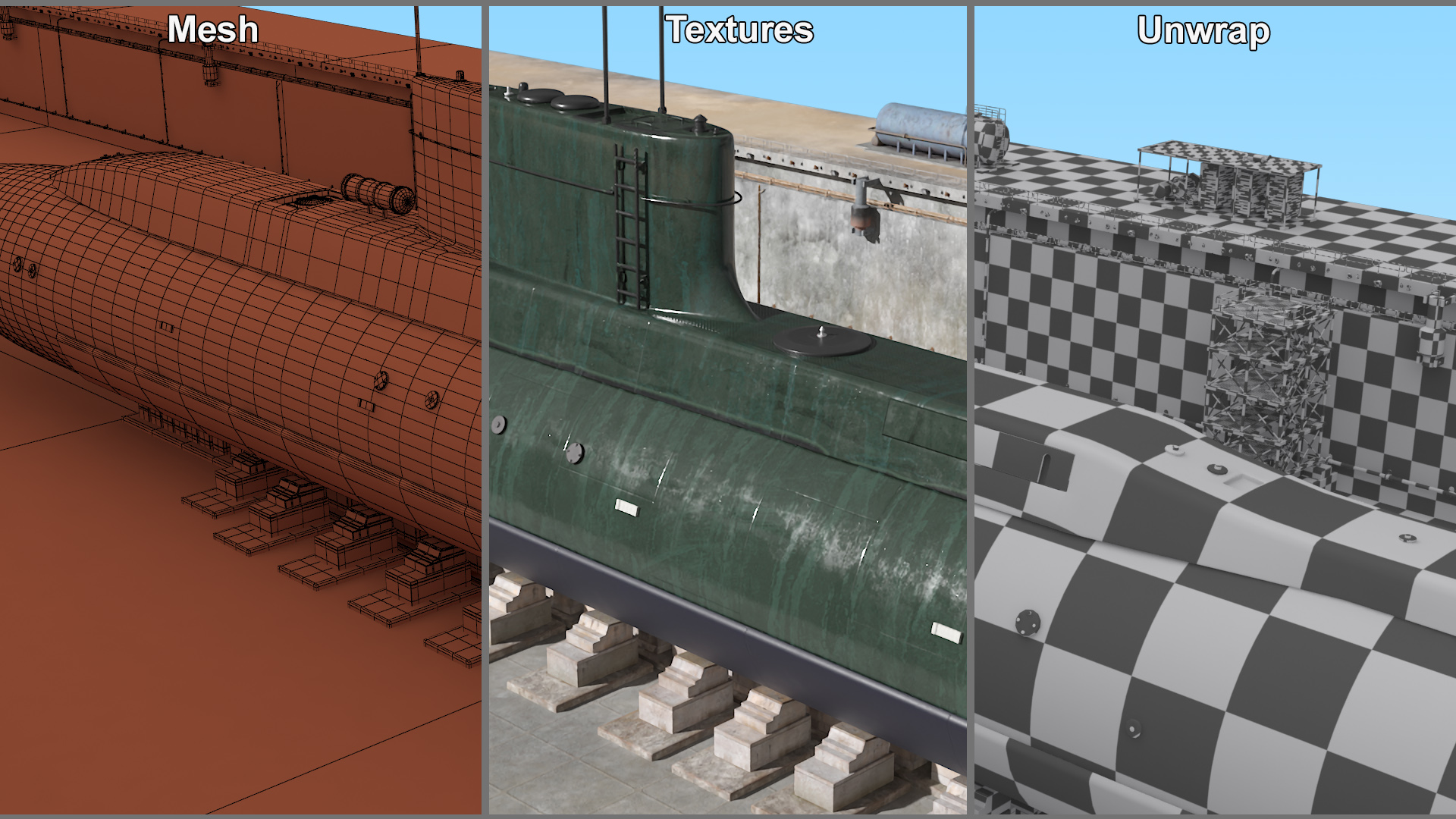 Combat Semi Heavy Submarine in Dry Dock 3D model