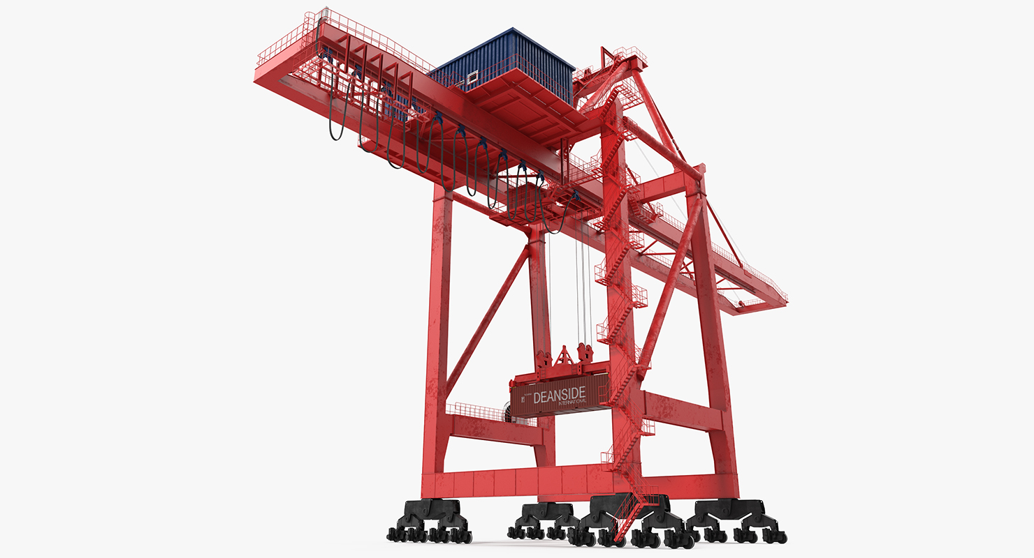 Port Container Crane Red with Container 3D model