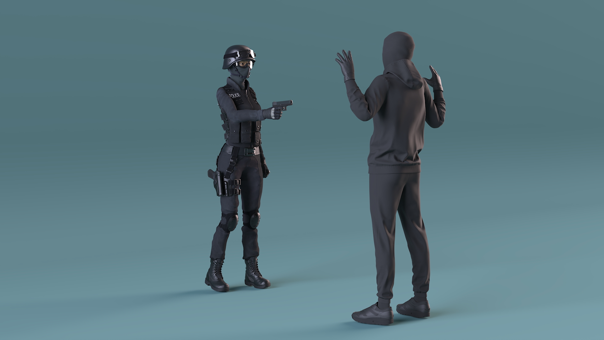 Robber Surrendering to Police Officer 3D