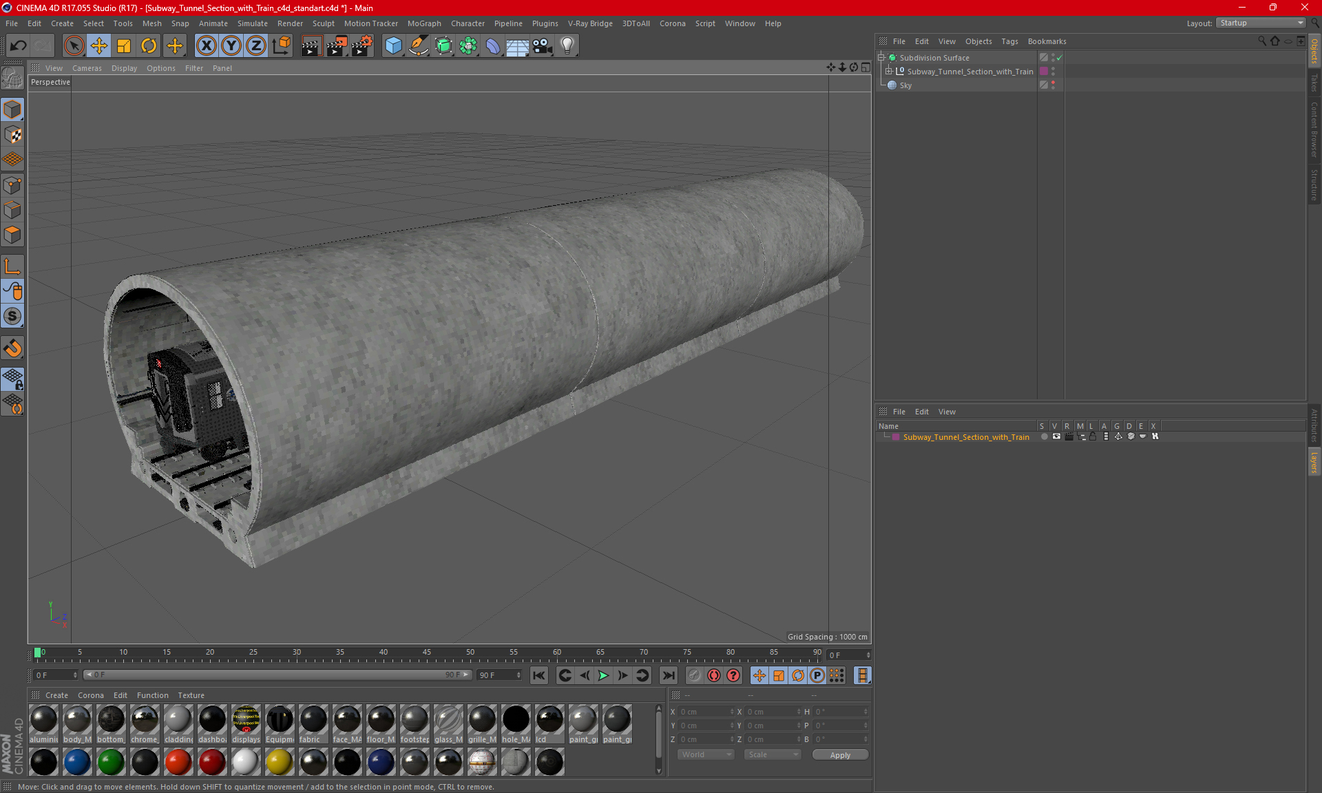 Subway Tunnel Section with Train 3D