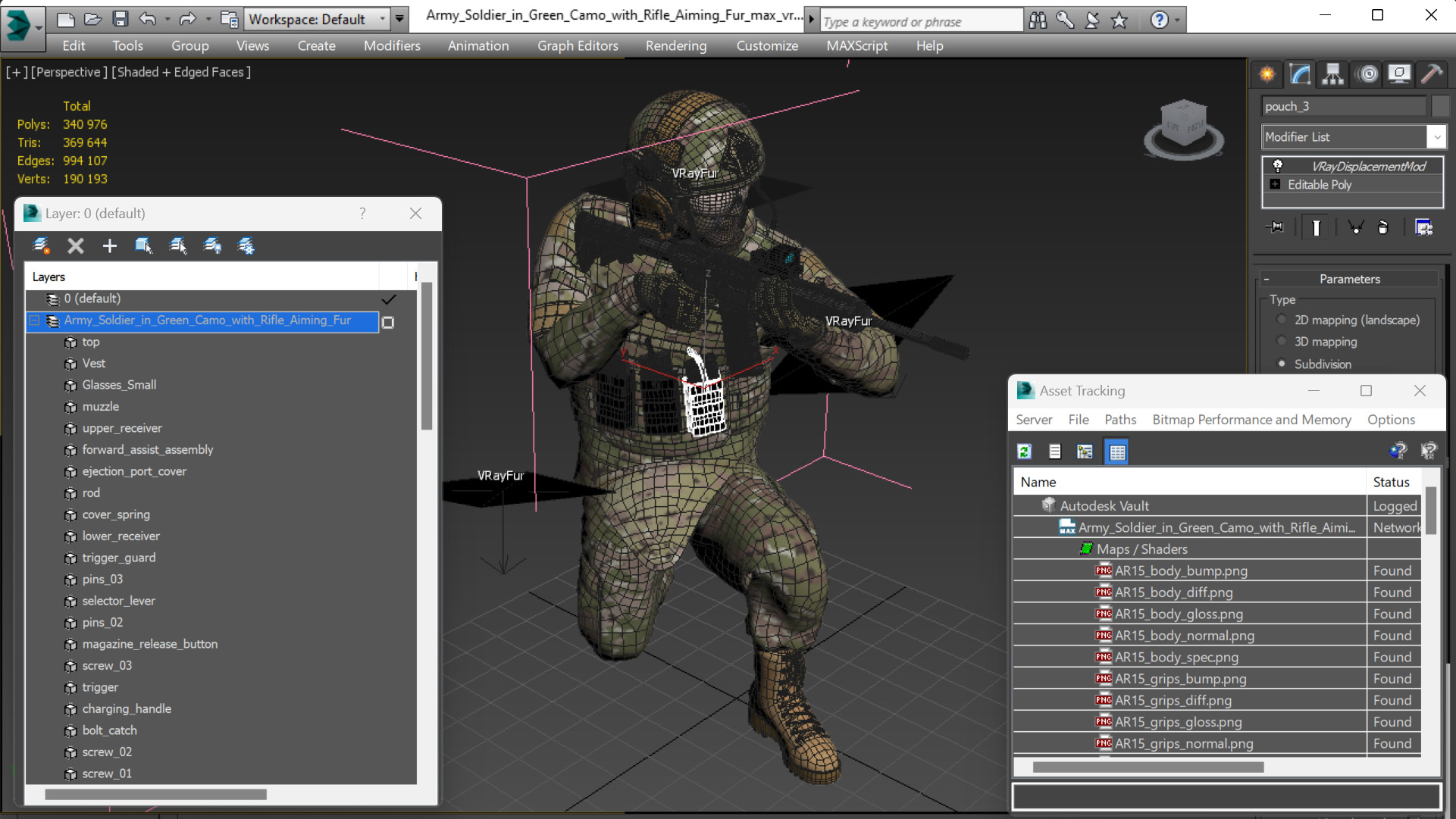 3D Army Soldier in Green Camo with Rifle Aiming Fur model