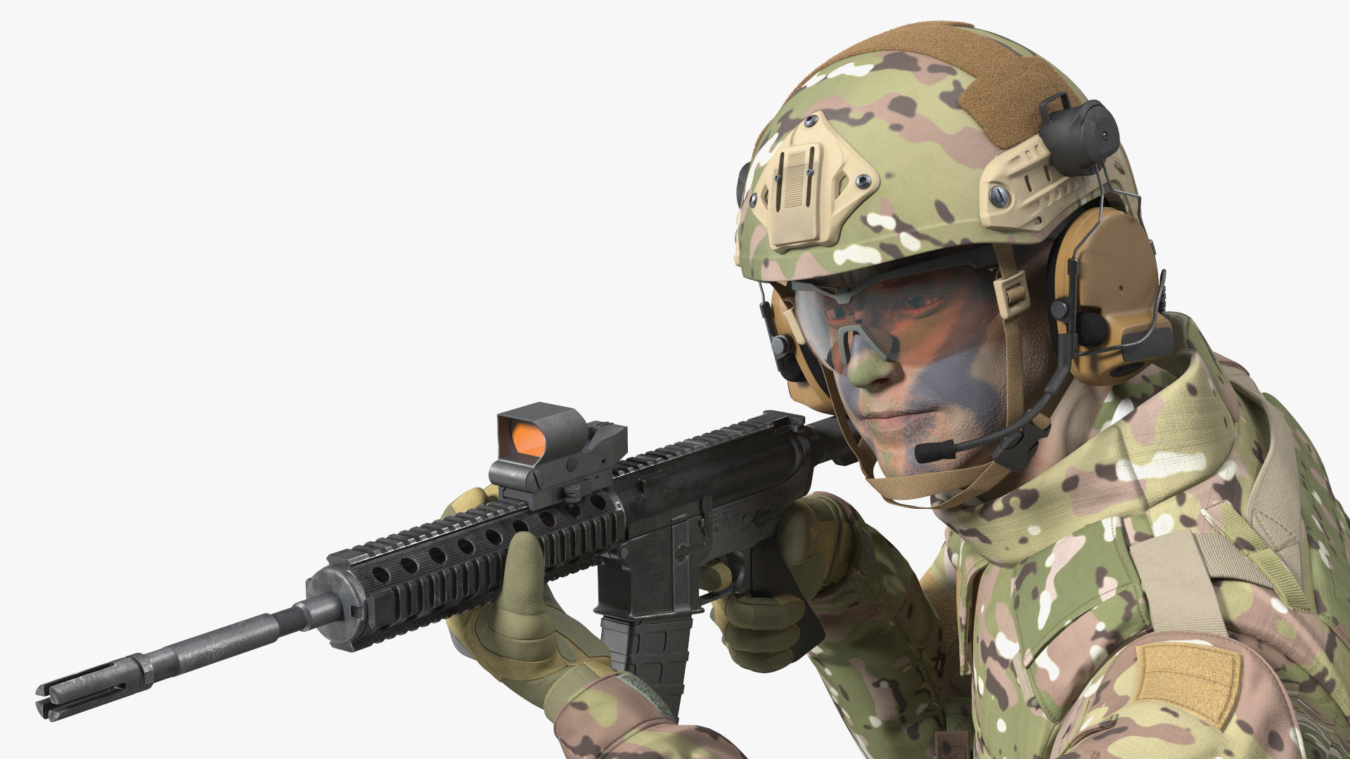 3D Army Soldier in Green Camo with Rifle Aiming Fur model