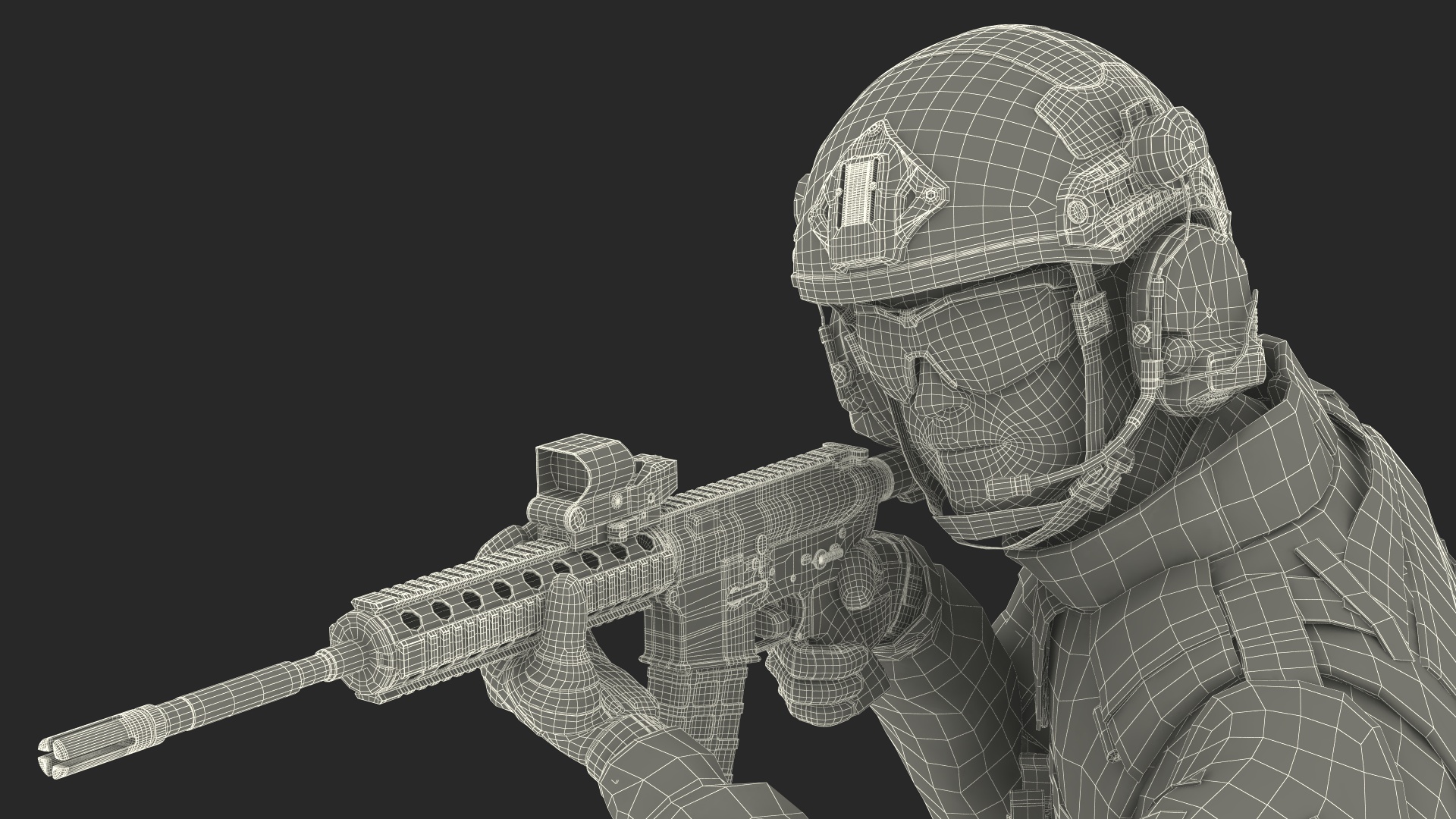 3D Army Soldier in Green Camo with Rifle Aiming Fur model