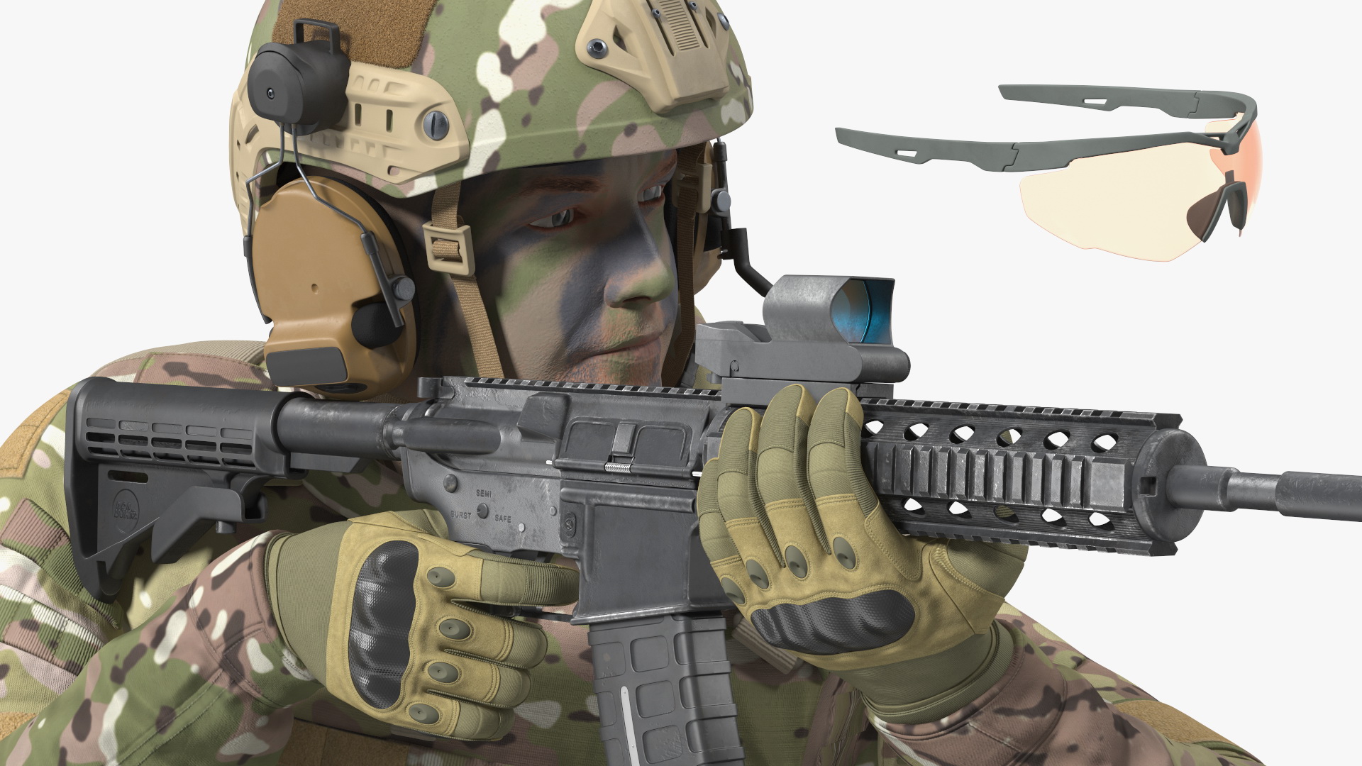 3D Army Soldier in Green Camo with Rifle Aiming Fur model
