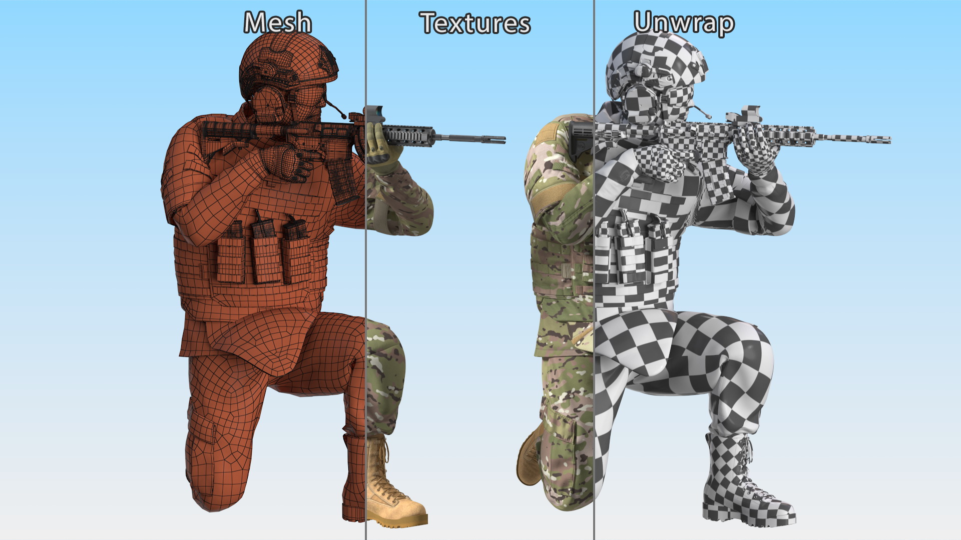 3D Army Soldier in Green Camo with Rifle Aiming Fur model