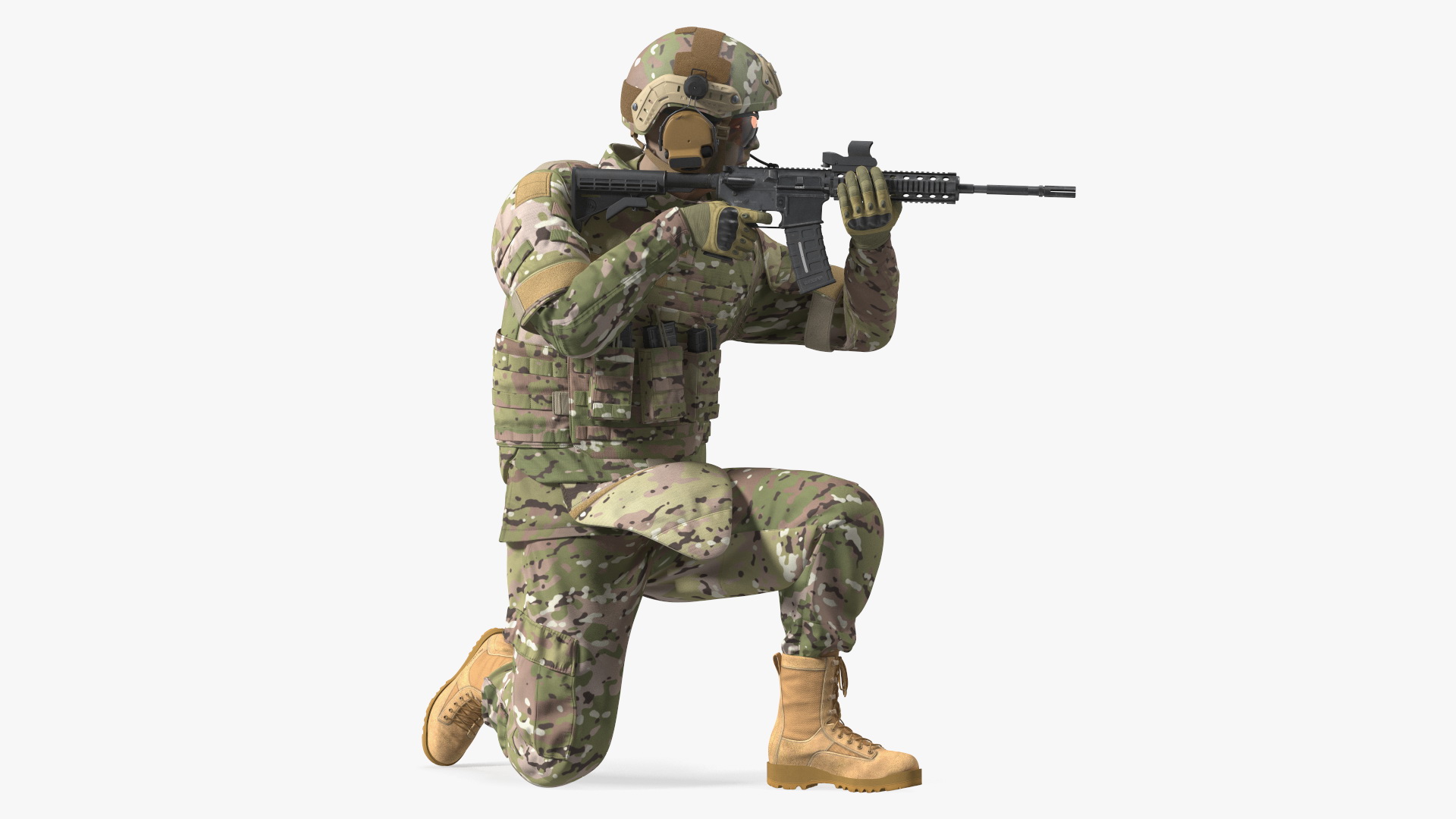 3D Army Soldier in Green Camo with Rifle Aiming Fur model