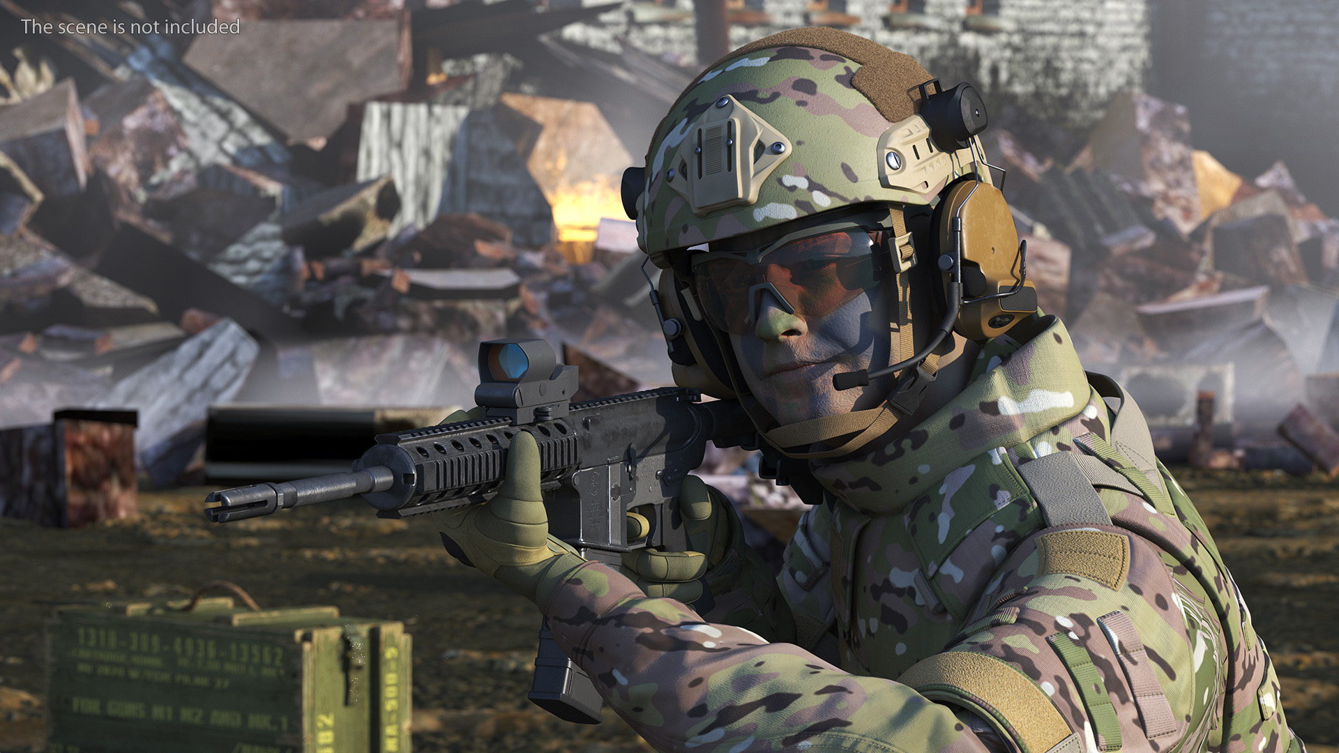3D Army Soldier in Green Camo with Rifle Aiming Fur model