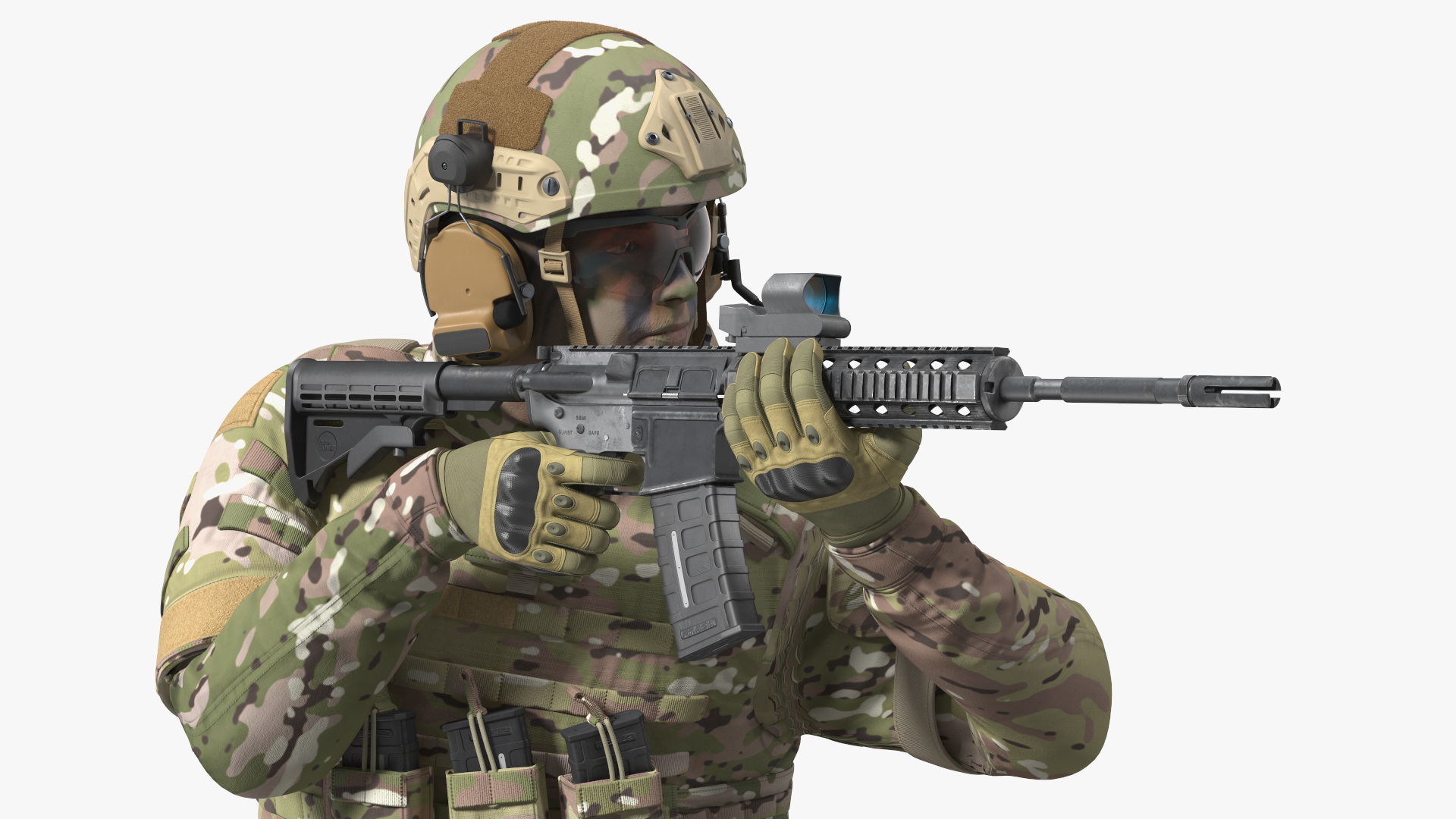 3D Army Soldier in Green Camo with Rifle Aiming Fur model