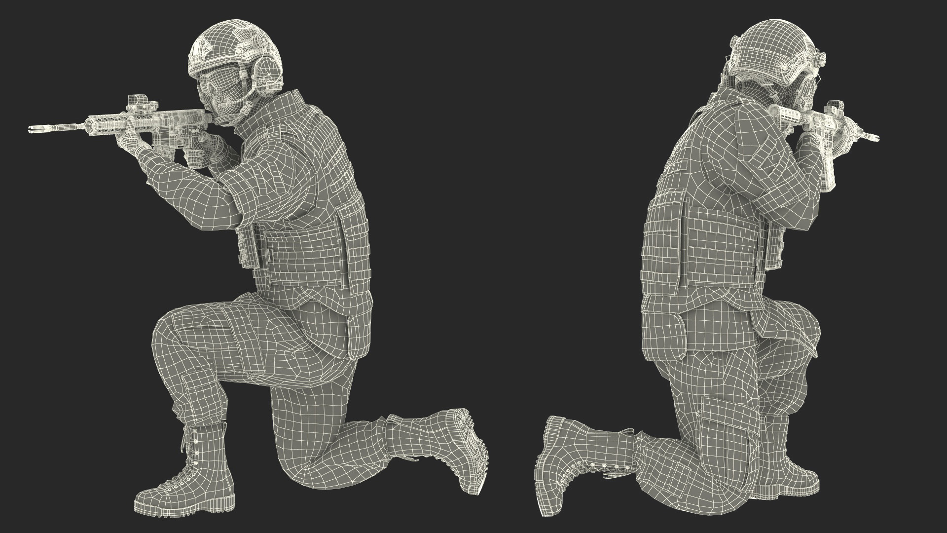 3D Army Soldier in Green Camo with Rifle Aiming Fur model