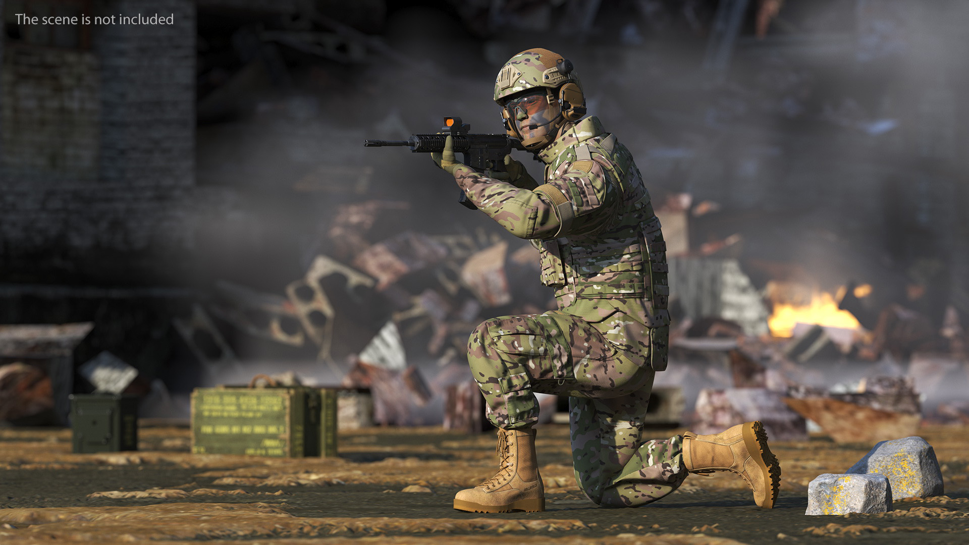 3D Army Soldier in Green Camo with Rifle Aiming Fur model