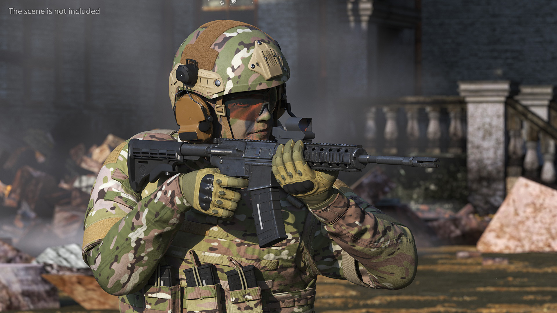 3D Army Soldier in Green Camo with Rifle Aiming Fur model