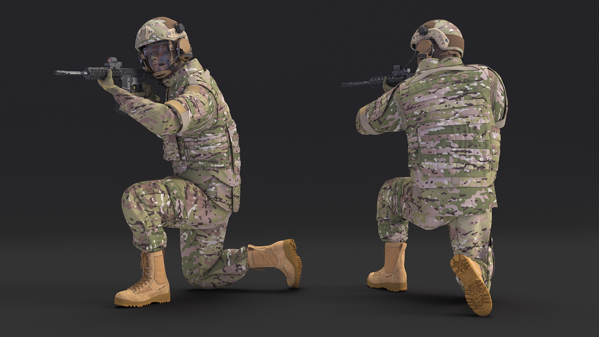 3D Army Soldier in Green Camo with Rifle Aiming Fur model
