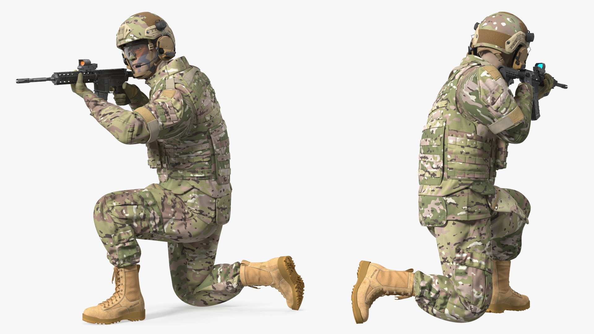 3D Army Soldier in Green Camo with Rifle Aiming Fur model