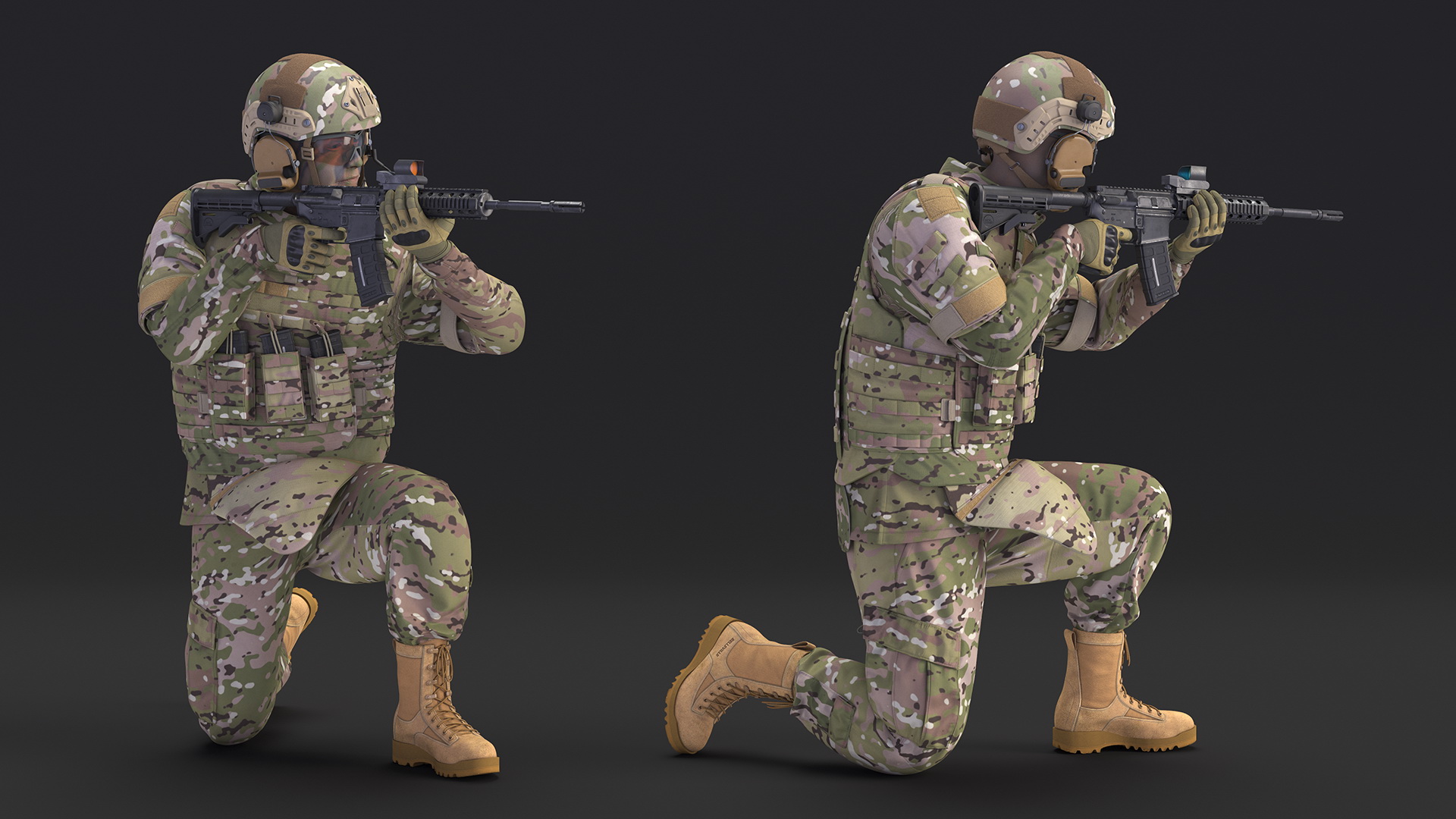 3D Army Soldier in Green Camo with Rifle Aiming Fur model