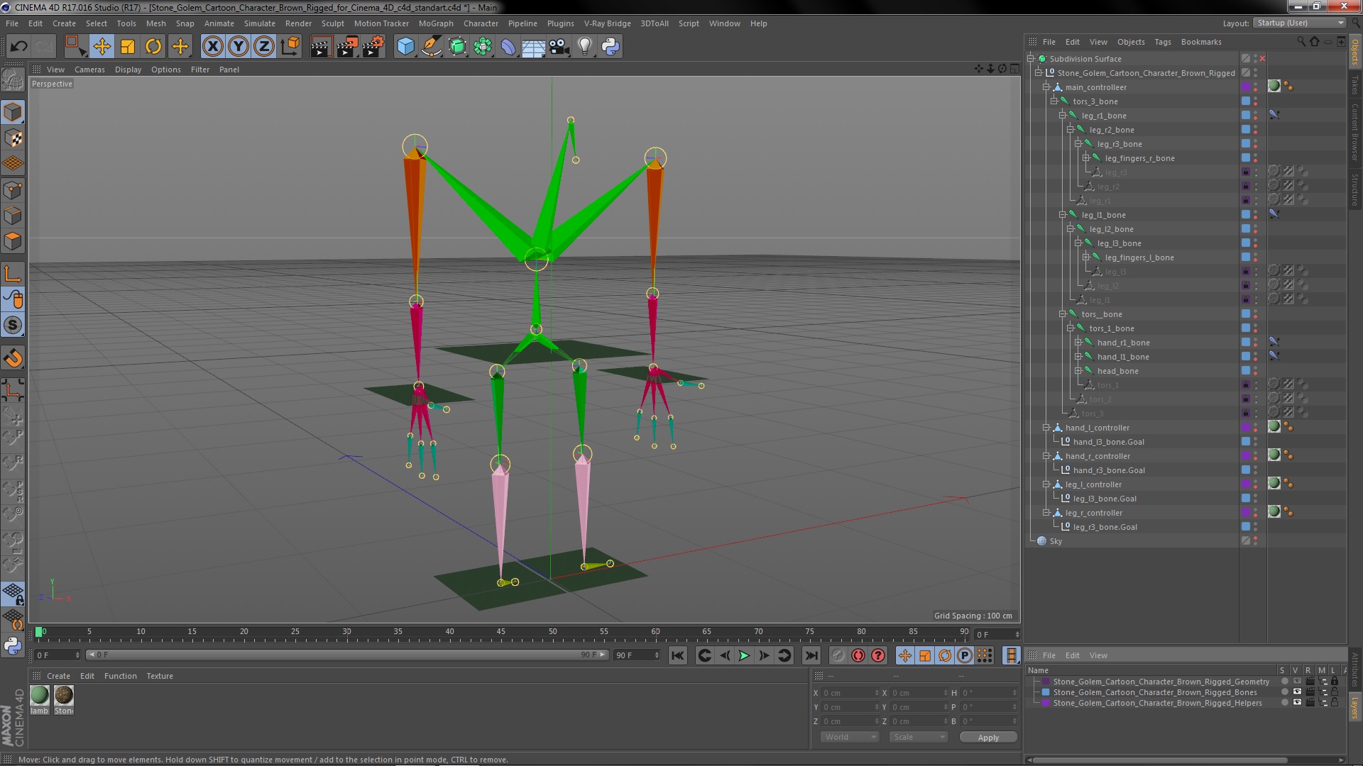 3D Stone Golem Cartoon Character Brown Rigged for Cinema 4D