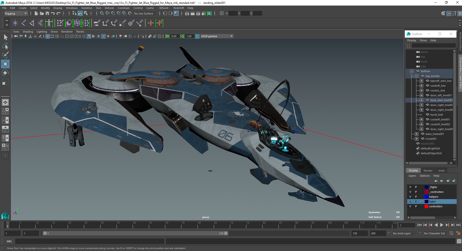Sci Fi Fighter Jet Blue Rigged for Maya 3D model