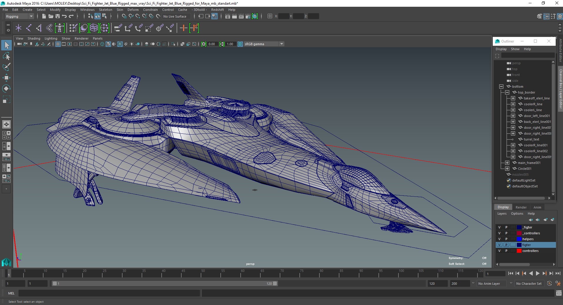 Sci Fi Fighter Jet Blue Rigged for Maya 3D model