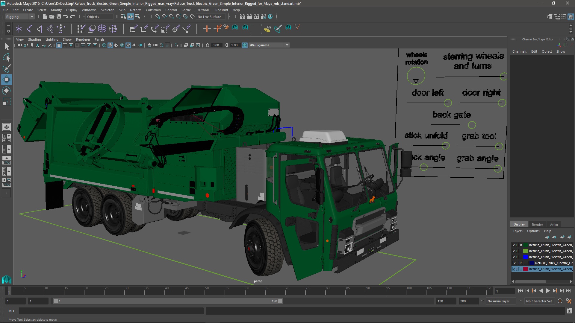 Refuse Truck Electric Green Simple Interior Rigged for Maya 3D model