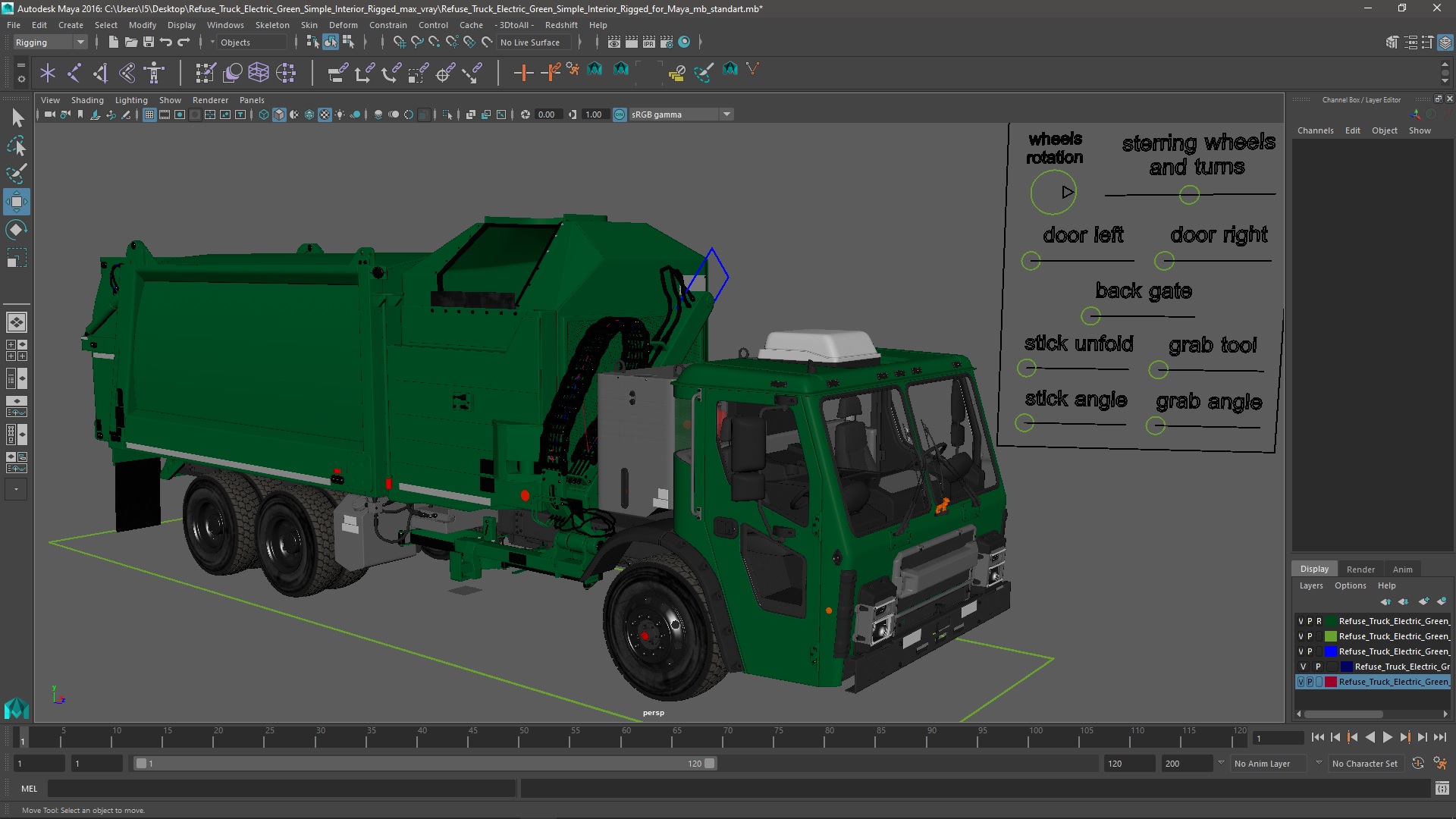 Refuse Truck Electric Green Simple Interior Rigged for Maya 3D model