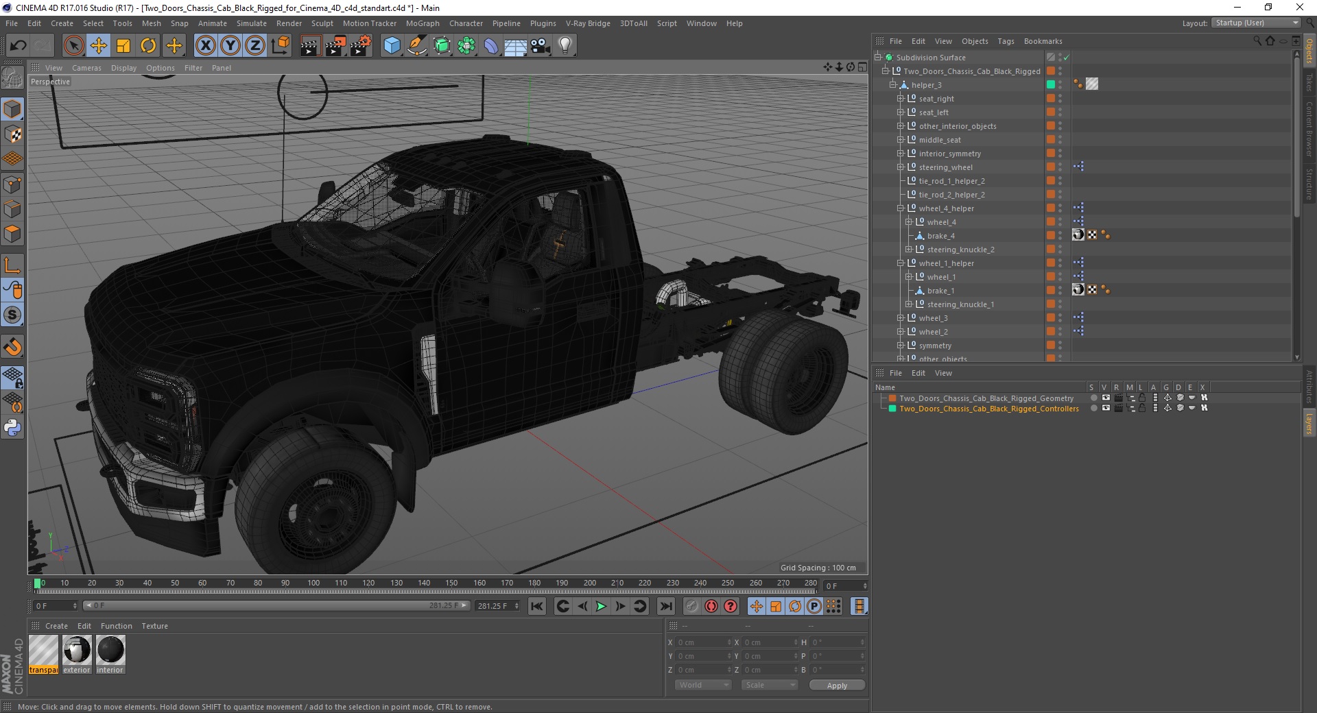 3D Two Doors Chassis Cab Black Rigged for Cinema 4D model