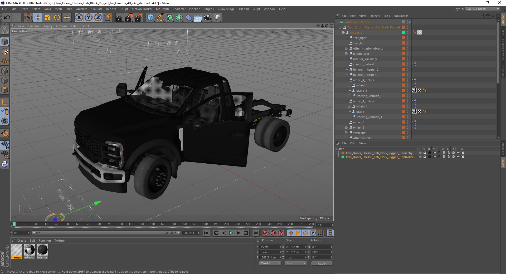 3D Two Doors Chassis Cab Black Rigged for Cinema 4D model