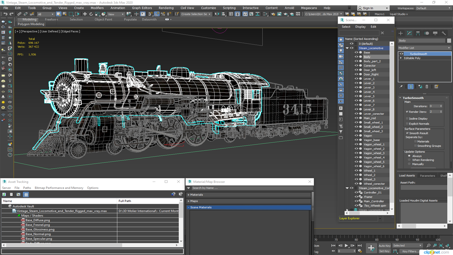 Vintage Steam Locomotive and Tender Rigged 3D
