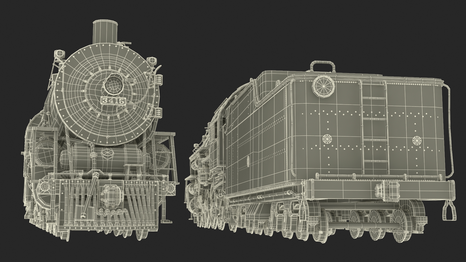 Vintage Steam Locomotive and Tender Rigged 3D