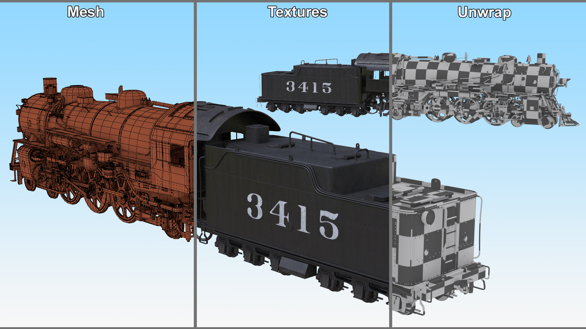 Vintage Steam Locomotive and Tender Rigged 3D