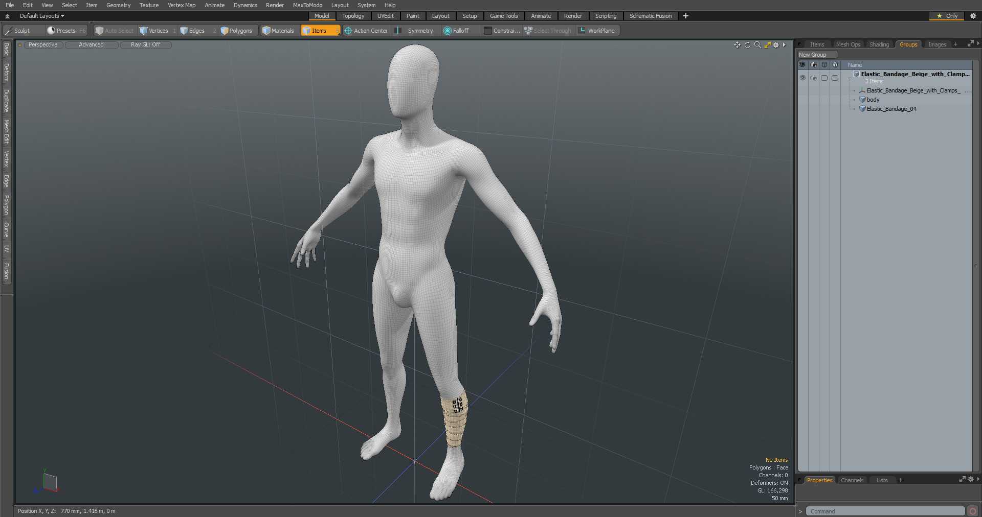 3D model Elastic Bandage Beige with Clamps Wrapped Around Leg on Mannequin