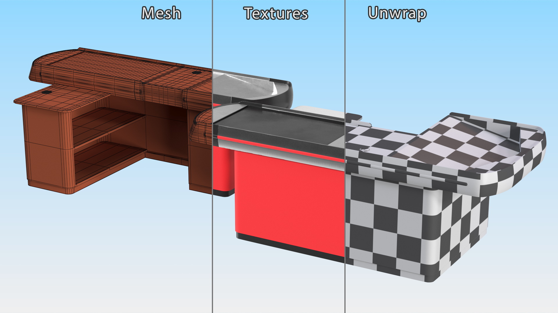 3D Modern Retail Checkout Counters Set Red Rigged