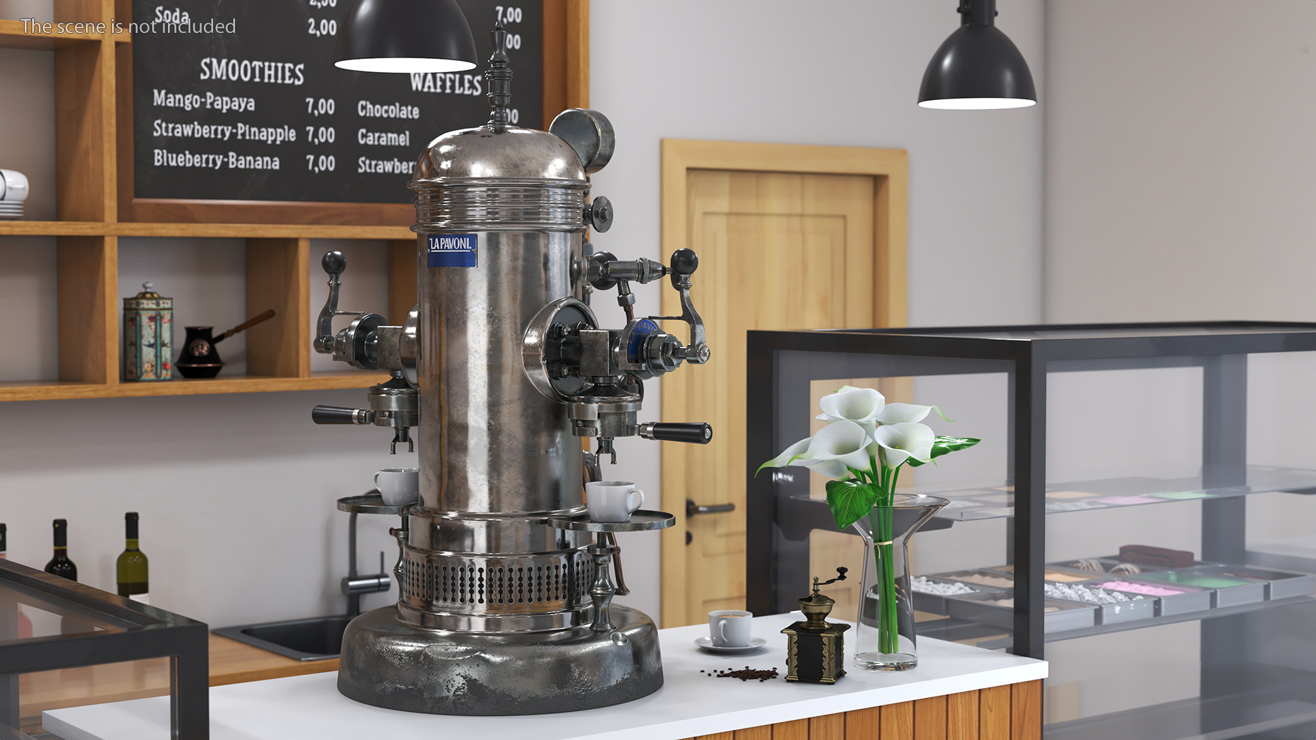 3D Retro La Pavony Espresso Machine with Cup of Coffee and Grinder model