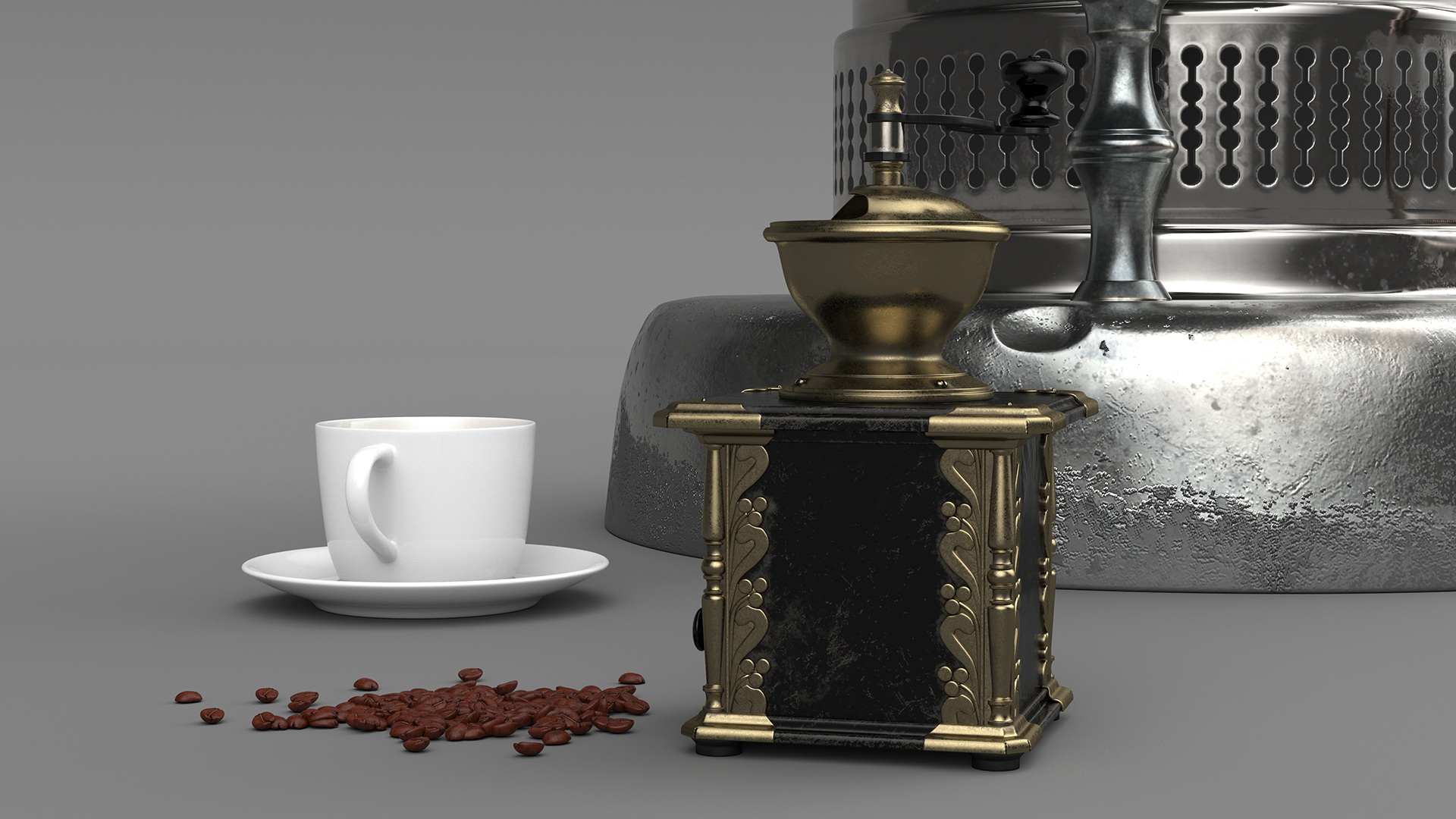 3D Retro La Pavony Espresso Machine with Cup of Coffee and Grinder model