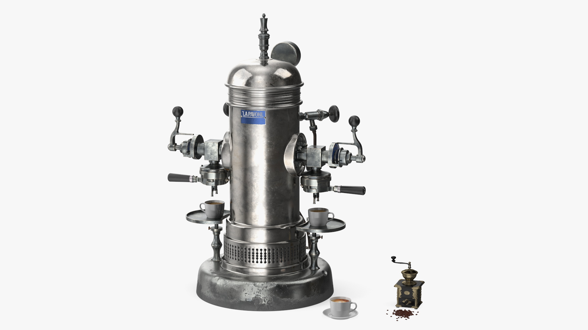 3D Retro La Pavony Espresso Machine with Cup of Coffee and Grinder model