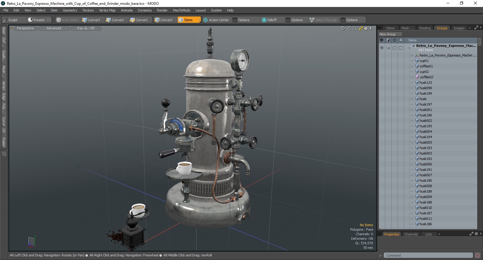 3D Retro La Pavony Espresso Machine with Cup of Coffee and Grinder model
