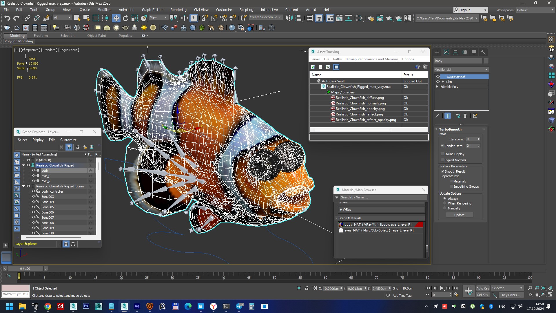 3D model Realistic Clownfish Rigged for Maya