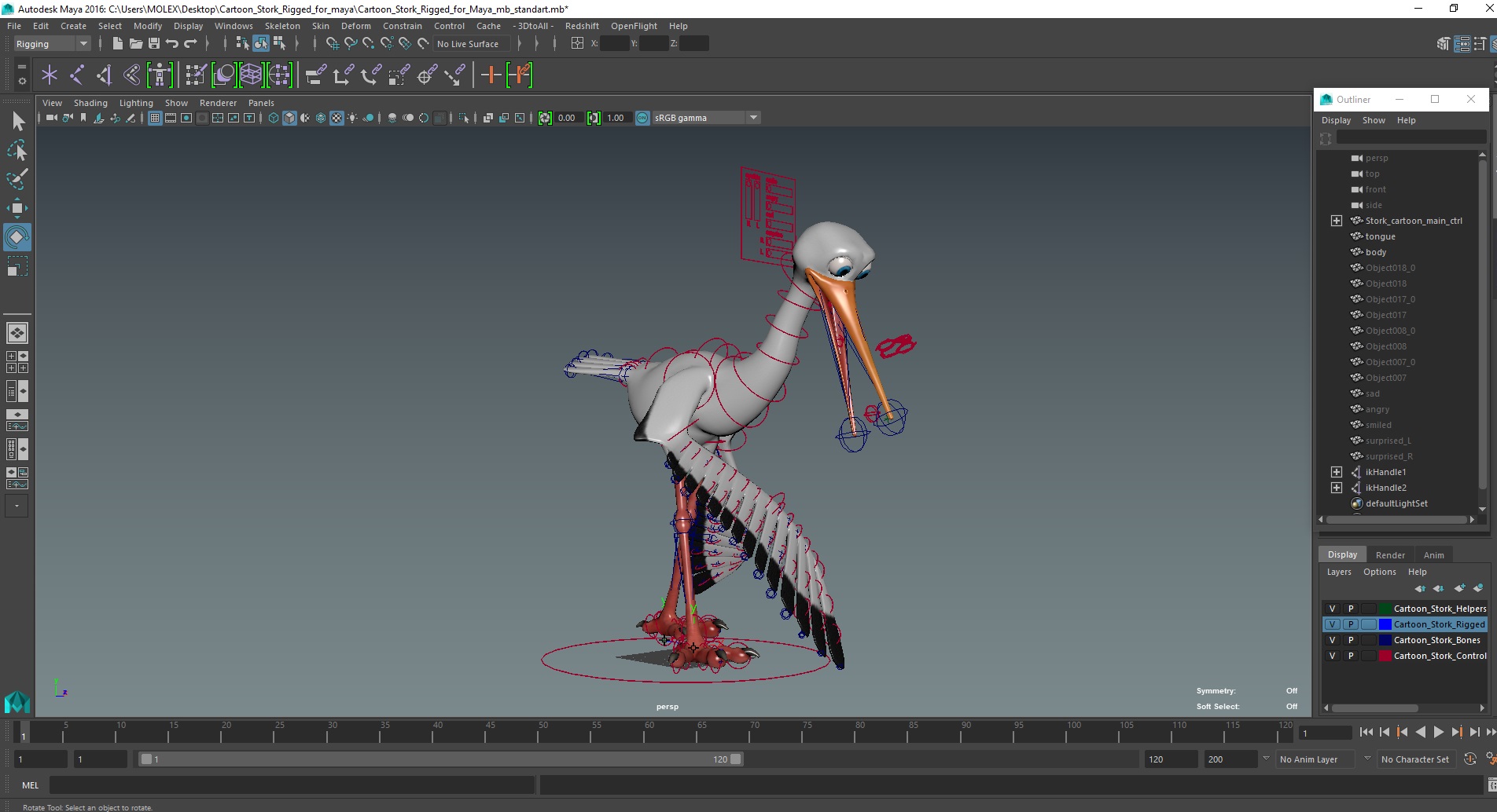 Cartoon Stork Rigged for Maya 3D model