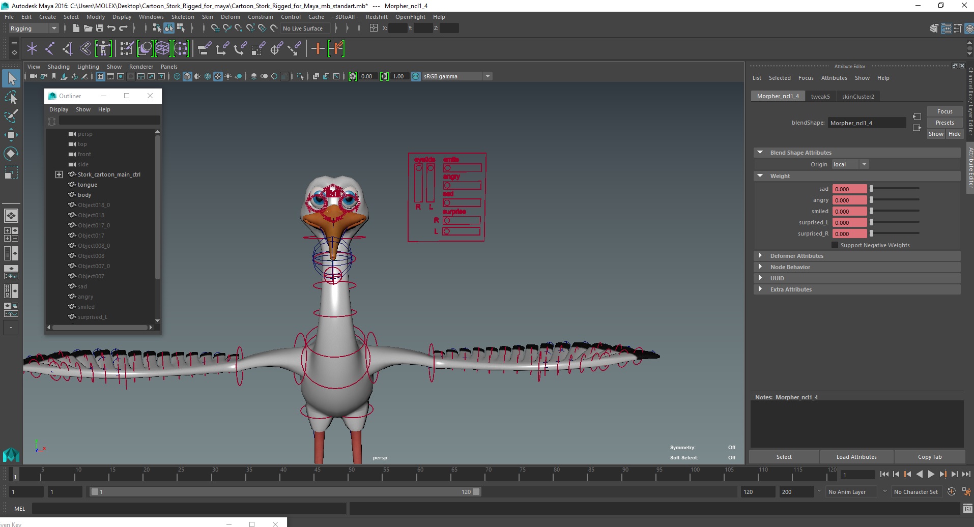 Cartoon Stork Rigged for Maya 3D model
